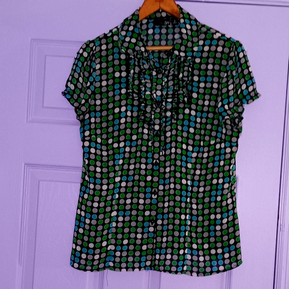 🔷️3-$15🔷️East 5th | Colorful Polka Dot Ruffle Button Down Blouse Small